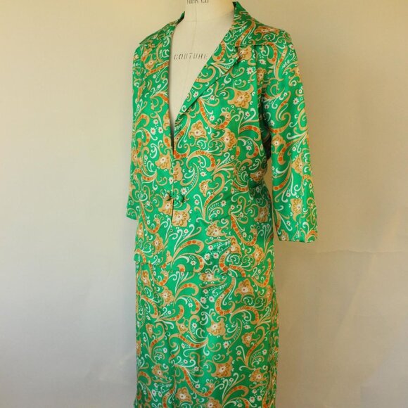 Vintage 1960s Suit, Green and Gold Silk Jacket and Skirt with Pockets, Two Piece - Picture 9 of 10